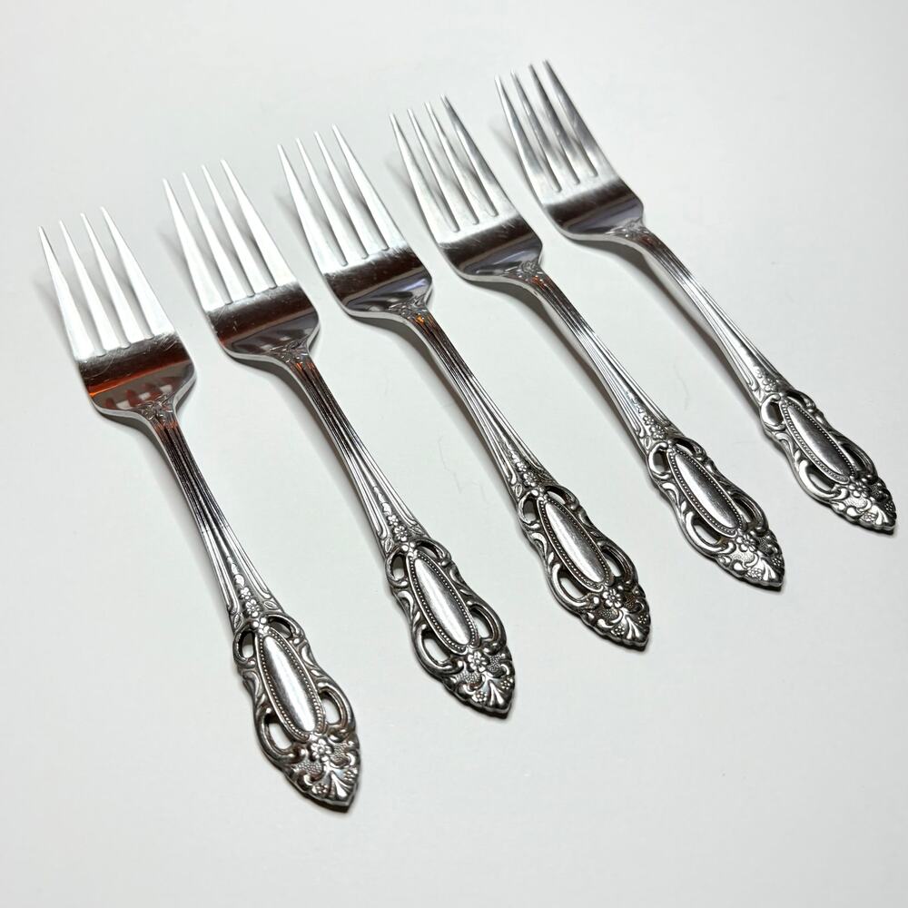 Vintage United Silver Co Artistic Rose Salad Fork 6-3/8" Stainless 5pcs Pierced